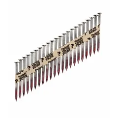 These collated metal connector nails are 2 1/2 inches long with a flat, smooth shank made of plain steel. The diamond point facilitates flush-driven fastening into wood. Suitable for attaching metal connectors, joist hangers, and framing hardware in structural wood construction. Pack of 2,500.
