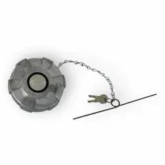 Threaded diesel fuel cap with chain and cross bar, non-vented, lockable. Silver finish. Neck diameter 4 11/32 in, neck length 4 3/8 in. For use on diesel fuel tanks requiring a threaded attachment.