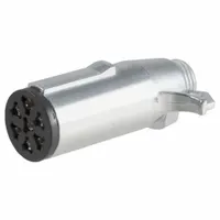 This 7-way plastic trailer plug connects a tow vehicle's electrical system to a trailer for lighting, brakes, and auxiliary power. It is used in fleet and vehicle maintenance applications requiring a standard 7-pin connection for utility, boat, and RV trailers