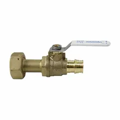 Brass two-way ball valve with straight pattern and lever handle. Features PEX x NPSM connections for water meter installations. Rated for maximum pressure of 250 psi (CWP). Suitable for flow control in plumbing systems.