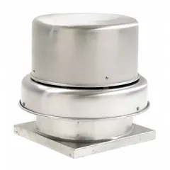 Centrifugal downblast roof exhaust fan with direct drive, assembled with an 18-inch wheel and square base. Includes drive package. Open dripproof, standard-efficiency motor, single speed, 208-230/460V AC. Exhaust airflow 4,433 cfm. For general clean-air ventilation in commercial or industrial roof-mounted applications.