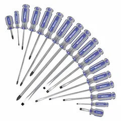 General-purpose screwdriver set containing 17 pieces with Phillips and slotted tip types. Magnetized tips assist in holding fasteners during assembly, repair, and maintenance tasks in industrial, automotive, and workshop settings.