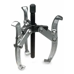 This reversible jaw puller has a jaw spread of 0 to 12-1/2 in and an 8 in jaw reach, with a jaw thickness of 0.35 in. It converts between 2-jaw and 3-jaw configurations for removing gears, bearings, pulleys, and other press-fit components from shafts.