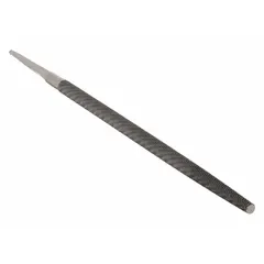 Single-cut round file with bastard cut and safe edge. Measures 8 in length without tang and 9/32 in thickness. Natural finish, tapered slightly towards the point. Used for shaping and smoothing curved surfaces, enlarging holes, and deburring internal radii in metalworking.
