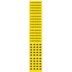 Yellow adhesive pipe marker with black legend reading 'Hot Water Recirculation'. Designed for pipe outer diameters of 3/4 inch and smaller. Used to identify recirculation lines in piping systems for maintenance and safety purposes.