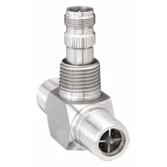 This BLANCETT turbine flow meter is designed for inline measurement of oils and water. It features a 1/2-inch NPT connection, a stainless steel rotor, and provides a standard frequency pulse output with +/-1% accuracy, measuring flow in gallons. Typical applications include industrial fluid monitoring, process control, and hydraulic systems.