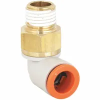 This SMC elbow fitting connects 3/8 in OD polybutylene or brass tubing to a 1/4 in BSPT male threaded port. The push-to-connect design allows quick installation without tools. Constructed of brass with a white finish, it is suitable for pneumatic or fluid systems in tight layouts