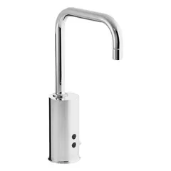 Brass construction with chrome finish. Battery-powered single-post sensor faucet with aerated flow. Includes mounting hardware. Suitable for touchless handwashing in commercial and residential bathrooms.
