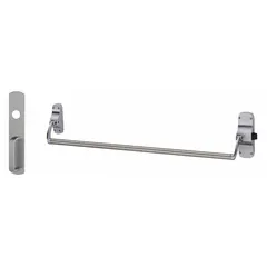 Rim-type exit device with crossbar push bar for single doors up to 44 inches wide. Chrome finish. Includes night latch outside trim for secure re-entry. ADA compliant.