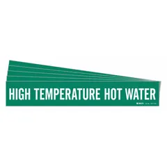 Green adhesive pipe markers with white legend reading 'High Temperature Hot Water'. Designed for pipes with outer diameter of 8 inches and larger. Pack of 5 markers without arrows. Used to identify high temperature hot water piping in industrial facilities.