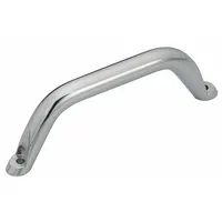 Fixed pull handle made of mirror-finished stainless steel in silver. Features unthreaded mounting holes for 6 mm screws and a 0.709 in grip thickness. Non-recessed projection type. Suitable for use on cabinets, enclosures, and machinery doors