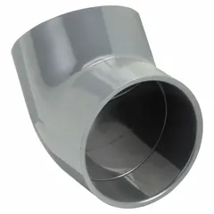 PVC elbow with a 45° angle for 4-inch duct diameter. Overall length 7 1/8 inches. Single-piece fitting used to redirect airflow in ventilation, fume extraction, and dust collection systems.