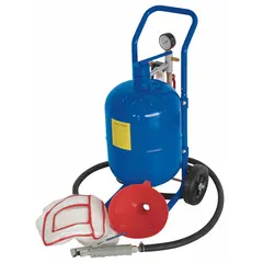 This pressure-feed portable abrasive blaster has a 45 lb media capacity and a maximum air flow of 25 cfm. It is used for surface preparation, rust removal, and cleaning in industrial maintenance, fabrication, and construction applications.