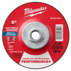 Type 27 wheel, 5" x 1/8" x 5/8"-11, 24-grit zirconia alumina. Designed for cutting and grinding carbon and stainless steel in metal fabrication, maintenance, and repair tasks.