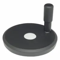This solid hand wheel features a revolving handle for manual operation of valves, machine controls, and other industrial equipment. Constructed from aluminum, it offers a lightweight yet sturdy grip. The 125 mm diameter and 1/2 in bore accommodate standard shafts and stems