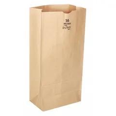Kraft paper grocery bag with dimensions 7 3/4 in wide, 4 11/12 in deep, and 16 in high. Sold in a 400-pack. Suitable for general-purpose packaging and transport of lightweight items in retail, hardware, and industrial settings.