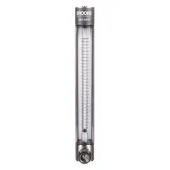 Panel-mount variable area flowmeter with scale display for air and water. Accuracy +/-3%. Viton O-ring and seal materials. Vertical mounting orientation. Includes flow rate adjustment knob. FNPT connections. Measures flow in liters.