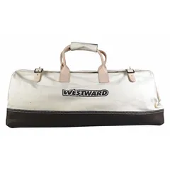 This canvas tool bag features a wide-mouth opening for easy access and organization of hand tools, fasteners, and small parts. It includes one exterior pocket and one interior pocket. Suitable for carrying tools on job sites or in workshops.