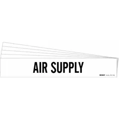 White pipe marker with black legend text reading 'Air Supply'. Designed for adhesive application on pipes with outer diameter of 8 inches and larger. Pack of 5 markers without arrows. Used to identify compressed air or pneumatic supply lines in industrial piping systems.