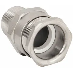 Straight metallic cable grip with brass body and silver finish. Features 3/4 in MNPT box connection and accommodates cord diameters from 0.44 in to 0.79 in. Rated for Class I, Division 2, Groups B, C, D hazardous locations. Suitable for securing cables in areas where flammable gases or vapors may be present.