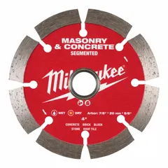 This 4-inch diameter diamond saw blade is designed for cutting masonry materials such as concrete and brick. It features a 5/8-inch to 7/8-inch arbor size and is suitable for both wet and dry cutting applications. Commonly used with masonry saws in construction and renovation tasks.