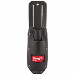 Black leather sheath with two open-top pockets for carrying knives. Attaches to belts up to 2 1/2 inches wide via a belt slot. Suitable for job sites, maintenance, and industrial settings where quick access to cutting tools is needed.