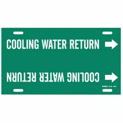Strap-on pipe marker for identifying cooling water return lines. Green background with white legend and directional arrows. Fits pipe outer diameters from 6 to 7-7/8 inches. Includes one marker.