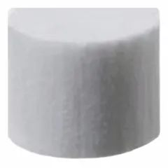 White polyester foam stopper with 1 in top and bottom diameter and 1.06 in overall height. Autoclavable for sterile use. Commonly used as a breathable closure for laboratory flasks and test tubes, allowing air exchange while preventing contamination.
