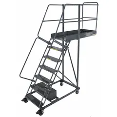 This unsupported cantilever ladder provides a 5.8 ft platform height for accessing elevated work areas. Constructed of steel with a gray finish, it features double handrails and locking casters for stability. The unit is supplied unassembled and is suitable for use in warehouses, factories, and maintenance facilities for tasks such as stock picking and overhead maintenance.