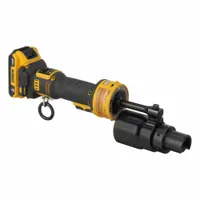 This cordless knockout punch kit operates on a 20V DC battery with 2.0 Ah capacity. It punches holes up to 2 in diameter in steel up to 10 ga maximum thickness. The kit includes one 2 in die, one battery, and one charger. Typical applications include cutting clean holes in steel for electrical panel fabrication, conduit installation, and metal enclosure work