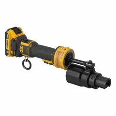 This cordless knockout punch kit operates on a 20V DC battery with 2.0 Ah capacity. It punches holes up to 2 in diameter in steel up to 10 ga maximum thickness. The kit includes one 2 in die, one battery, and one charger. Typical applications include cutting clean holes in steel for electrical panel fabrication, conduit installation, and metal enclosure work.