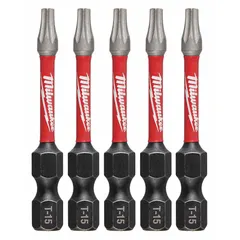 Set of five T15 Torx impact bits with hex shank, made from alloy steel. Designed for driving Torx-head fasteners using impact drivers in construction, assembly, and maintenance tasks.