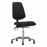This armless ESD-safe chair features a fabric seat and backrest with an aluminum base. It offers a height range of 19 to 24 inches, seat width of 18 1/2 inches, and seat depth of 17 inches. The chair provides back tilt forward 10.5°, back tilt backward 13.5°, seat tilt forward 8°, and seat tilt backward 3°. Suitable for static-sensitive environments such as electronics assembly, cleanrooms, and laboratories