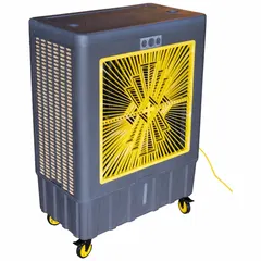 Portable evaporative cooler operating on 115V AC, with dimensions 59 in x 26 in x 46 in. Suitable for cooling large areas such as warehouses, factories, and outdoor work spaces where ventilation is available.