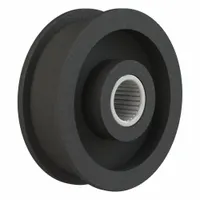 Flat idler pulley without flange, 4.5 in outer diameter, cast iron construction with needle roller bearing. Used as a non-powered tensioning or guiding pulley in belt-driven systems to maintain belt tension and alignment
