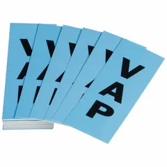 Replenishment labels for pipe marking systems. Each pack contains 50 pipe markers with blue background and black legend reading VAP, including directional arrows. Designed for pipes with outer diameter of 8 inches and larger. Used to identify vapor lines in industrial piping systems.