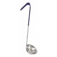 This CRESTWARE ladle is made of stainless steel with a blue finish. It has a 2 oz capacity and an overall length of 11 1/2 inches. Suitable for portioning and serving liquids such as soups, sauces, and gravies in food service settings