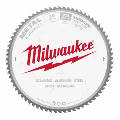 Carbide circular saw blade with 14 in diameter, 72 teeth, 0.09 in cut width, and 1 in arbor. Designed for cutting ferrous metals such as steel. Suitable for straight cuts in sheet metal, pipe, and structural steel in metal fabrication and construction applications.