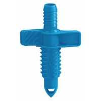 Irrigation saddle tee made of ABS plastic with a 1/2-inch male iron pipe thread connection. Measures 0.75 inches wide and 2.25 inches high. Rated for a maximum working pressure of 80 psi. Used to connect a branch line to a main pipe in sprinkler and drip irrigation systems