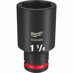This 1/2" drive impact socket features a 1-1/4" SAE deep 6-point design with friction retention. The black phosphate finish provides corrosion resistance. Suitable for heavy-duty fastening and loosening of nuts and bolts in automotive, construction, and industrial maintenance applications.