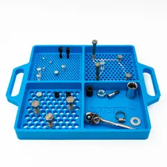 This blue silicone tool tray measures 15 inches in length and 12 inches in width. It is used for organizing fasteners, screws, nuts, bolts, and small parts during assembly, repair, or maintenance tasks. The silicone material provides a non-slip surface and prevents parts from rolling away.