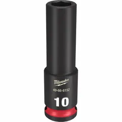 Metric 10 mm deep impact socket with 3/8" drive and 6-point design. Black phosphate finish. Friction retention system holds socket on anvil. For use with impact wrenches in fastening and loosening nuts and bolts.