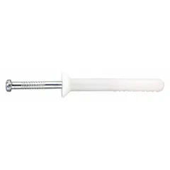 Flat, plain plastic nail drive anchors made of nylon. Each anchor has an overall length of 1-1/2 inches. Supplied in a 100-pack. Used for light-duty fastening into solid masonry, concrete, or block where removable anchoring is needed.