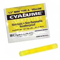 Yellow, single-use lightstick for portable illumination in industrial and emergency settings. Suitable for marking hazards, signaling, and area lighting without external power. Supplied in a 50-pack with NSN 6260-01-209-4435