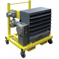 This 25 kW portable electric heater is designed for use in hazardous locations where flammable gases, vapors, or dust may be present. It operates on 480V AC, 3-phase power and has cabinet dimensions of 30-3/8 in wide x 24-3/4 in high x 22-1/2 in deep. Suitable for industrial space heating applications requiring safe operation in classified environments.