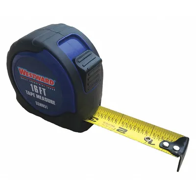 Pita Ukur WESTWARD: Ujung Kait Tunggal Nonmagnetik, 16 ft, Plastik dengan Gagang Berlapis Karet - Fractional-Read Tape Measures