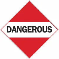 This 10 3/4 in x 10 3/4 in placard displays the message 'Dangerous' for identifying hazardous materials. It is used on containers, vehicles, or storage areas to indicate the presence of dangerous goods. The placard meets DOT labeling requirements for compliance during transport and handling