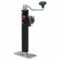 This CURT trailer jack is a topwind, weld-on model with a foot plate base. It provides a static load capacity of 2,000 lb and a maximum lift height of 21-3/4 in. Suitable for lifting and supporting trailer tongues during coupling or storage