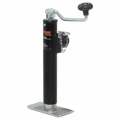 This CURT trailer jack is a topwind, weld-on model with a foot plate base. It provides a static load capacity of 2,000 lb and a maximum lift height of 21-3/4 in. Suitable for lifting and supporting trailer tongues during coupling or storage.