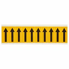 Individual arrow character label for permanent indoor/outdoor identification. Features a black Gothic arrow on a yellow background, non-reflective finish, and 1 15/16 in character height. Suitable for directional marking, safety signage, and equipment labeling in industrial environments. Not self-spacing or aligning.